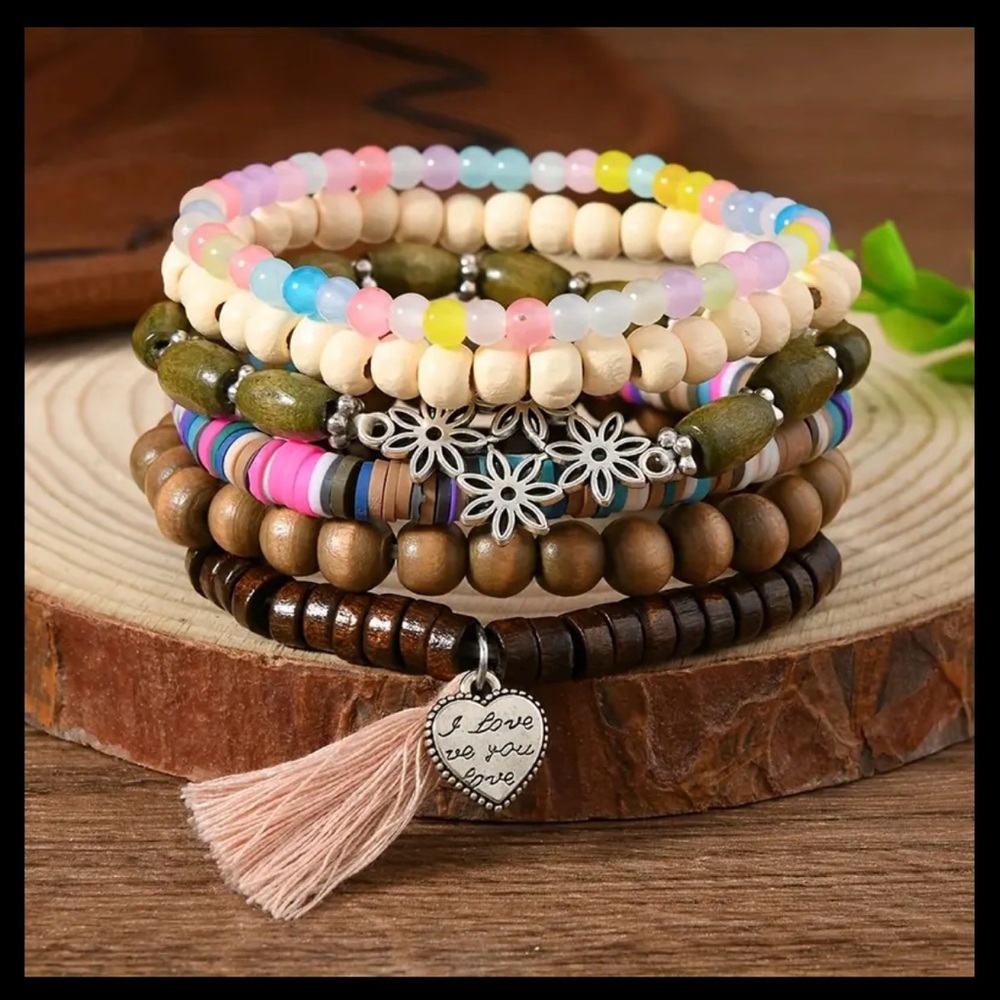 Colorful Beaded Bracelet Set Heart Charm 6pc Stretch Stackable Boho Jewelry